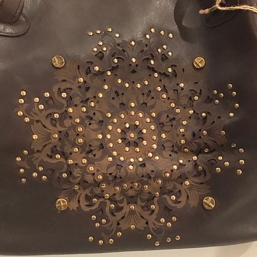 🆕 Platania Brown Italian Leather Large Satchel Slouchy Bag  Stud Details